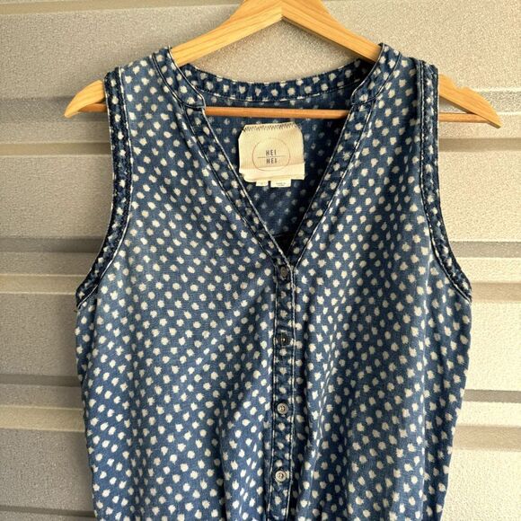 Anthropologie Hei Hei Romper Womens Size 4 Polka Dot Linen Pockets Chambray Boho - Picture 10 of 13
